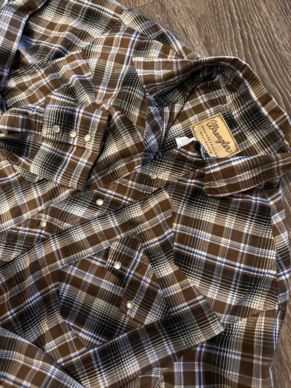 Wrangler Brown Blue Plaid Cotton button snap Long Sleeve Button-Up Shirt L Men’s